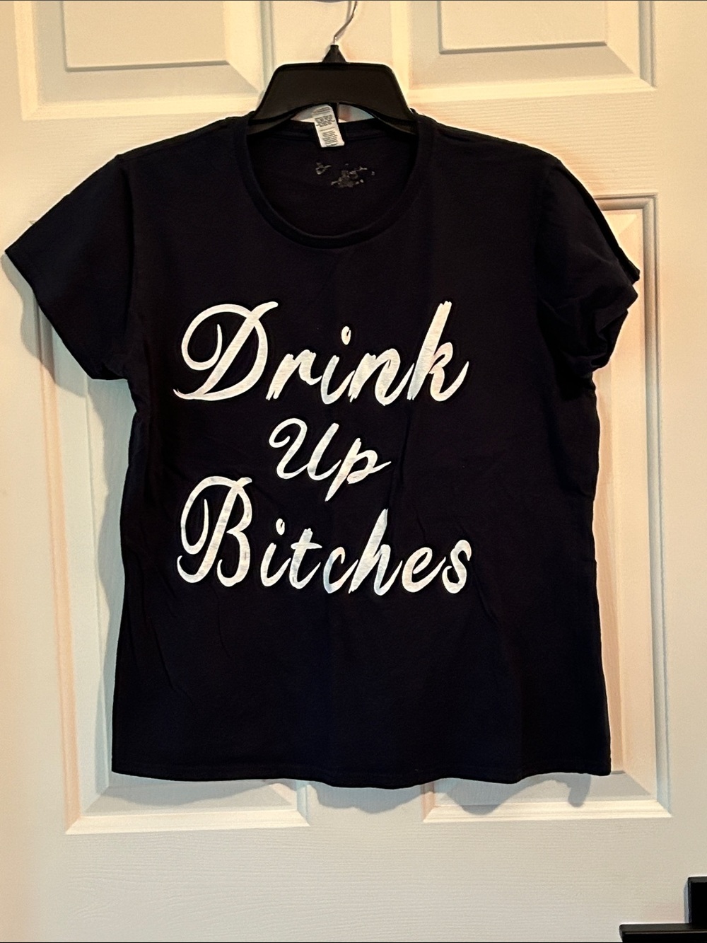 Anvil Black Tee with White Script Graphic - 'Drink Up Bitches'